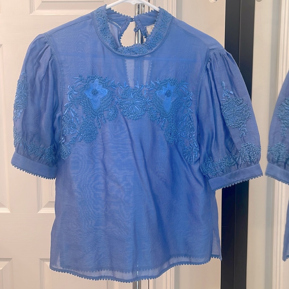 Anthropologie Payal Jain brand, embroidered blouse. Size: XS. Color: blue.